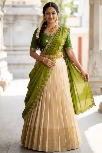 Beautiful South Indian Style Semi-stitched Half Saree with Embroidery Work Blouse and Dupatta for Women