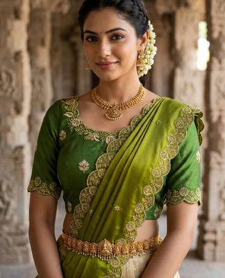 Beautiful South Indian Style Semi-stitched Half Saree with Embroidery Work Blouse and Dupatta for Women 4