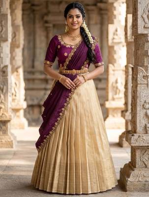 Beautiful South Indian Style Semi-stitched Half Saree with Embroidery Work Blouse and Dupatta for Women 1