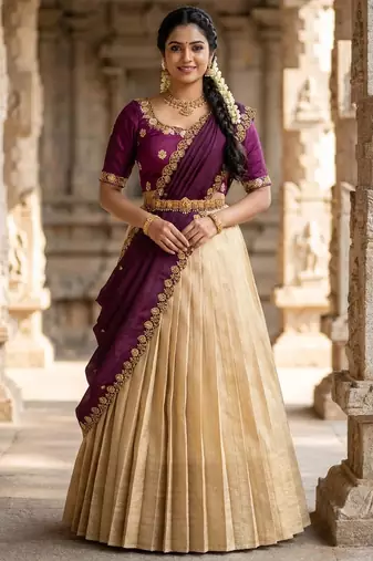 Beautiful South Indian Style Semi-stitched Half Saree with Embroidery Work Blouse and Dupatta for Women