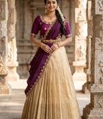 Beautiful South Indian Style Semi-stitched Half Saree with Embroidery Work Blouse and Dupatta for Women