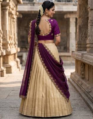 Beautiful South Indian Style Semi-stitched Half Saree with Embroidery Work Blouse and Dupatta for Women 2