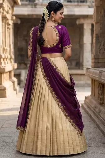 Beautiful South Indian Style Semi-stitched Half Saree with Embroidery Work Blouse and Dupatta for Women