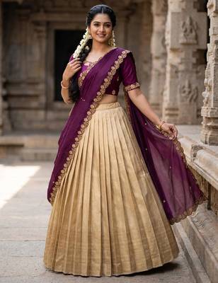 Beautiful South Indian Style Semi-stitched Half Saree with Embroidery Work Blouse and Dupatta for Women 3