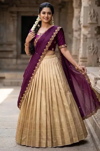 Beautiful South Indian Style Semi-stitched Half Saree with Embroidery Work Blouse and Dupatta for Women