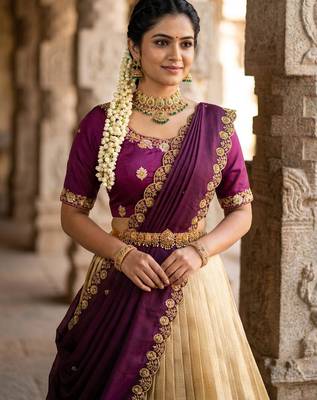 Beautiful South Indian Style Semi-stitched Half Saree with Embroidery Work Blouse and Dupatta for Women 4