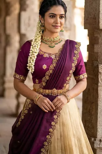 Beautiful South Indian Style Semi-stitched Half Saree with Embroidery Work Blouse and Dupatta for Women