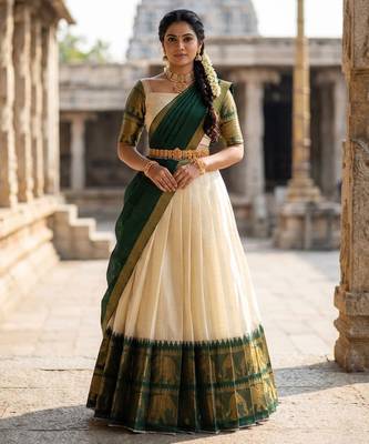 Beautiful South Indian Style Semi-Stitched Half Saree with Blouse and Dupatta for Women 1