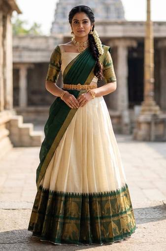Beautiful South Indian Style Semi-Stitched Half Saree with Blouse and Dupatta for Women