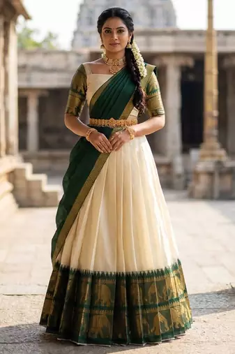 Beautiful South Indian Style Semi-Stitched Half Saree with Blouse and Dupatta for Women