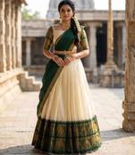 Beautiful South Indian Style Semi-Stitched Half Saree with Blouse and Dupatta for Women