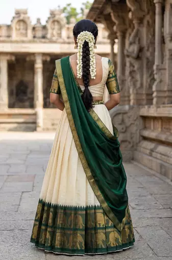 Beautiful South Indian Style Semi-Stitched Half Saree with Blouse and Dupatta for Women