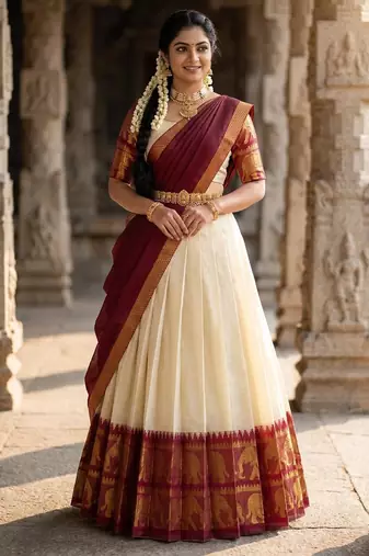 Beautiful South Indian Style Semi-Stitched Half Saree with Blouse and Dupatta for Women
