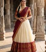 Beautiful South Indian Style Semi-Stitched Half Saree with Blouse and Dupatta for Women