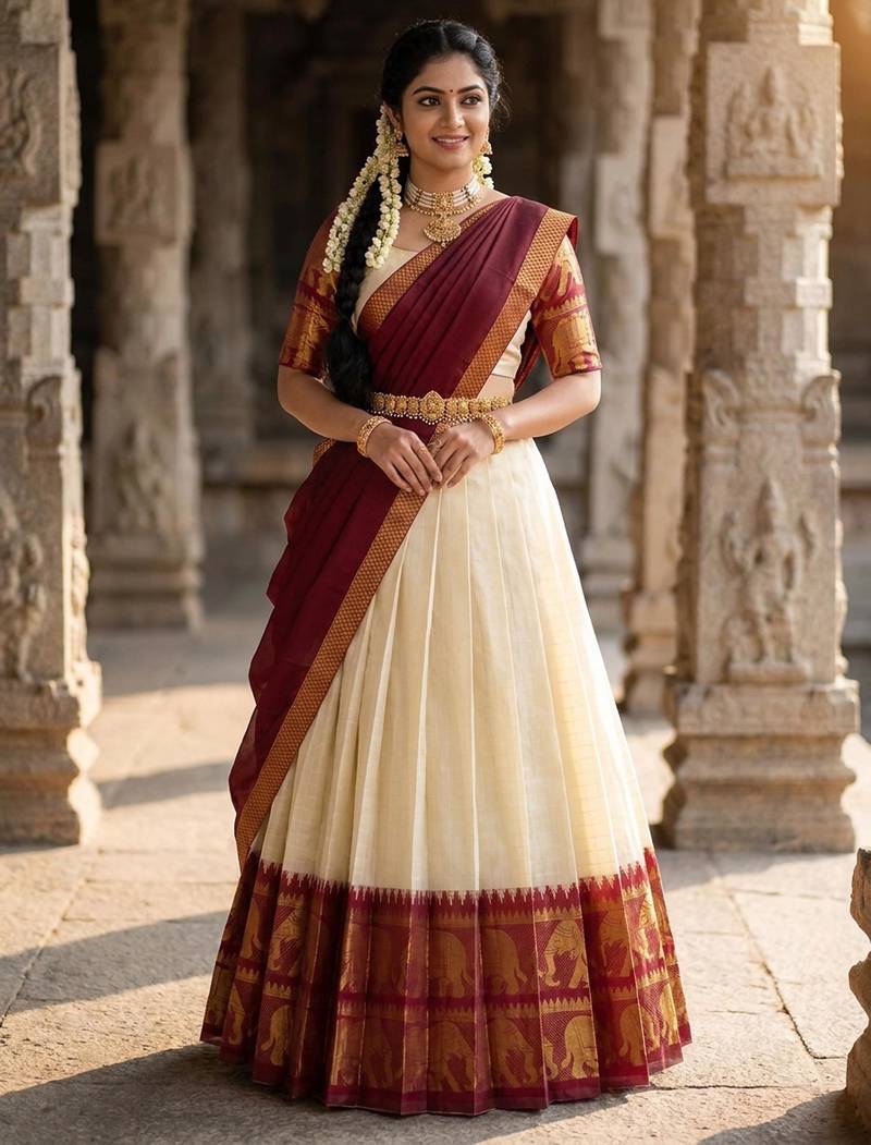 Beautiful South Indian Style Semi-Stitched Half Saree with Blouse and Dupatta for Women