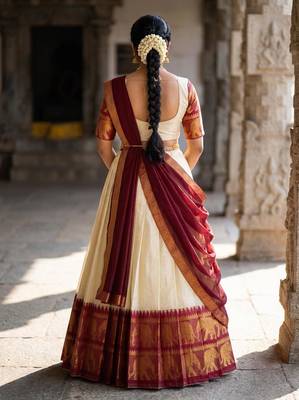 Beautiful South Indian Style Semi-Stitched Half Saree with Blouse and Dupatta for Women 2