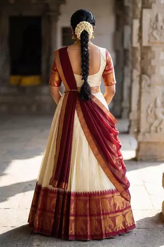 Beautiful South Indian Style Semi-Stitched Half Saree with Blouse and Dupatta for Women