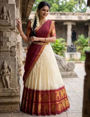Beautiful South Indian Style Semi-Stitched Half Saree with Blouse and Dupatta for Women 3