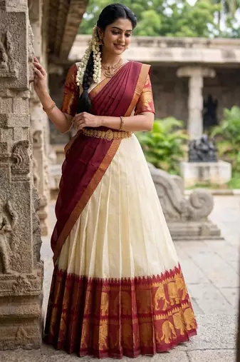Beautiful South Indian Style Semi-Stitched Half Saree with Blouse and Dupatta for Women