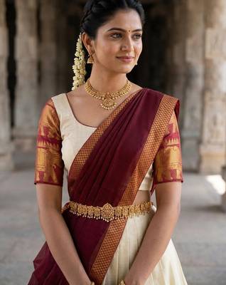 Beautiful South Indian Style Semi-Stitched Half Saree with Blouse and Dupatta for Women 4