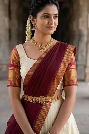 Beautiful South Indian Style Semi-Stitched Half Saree with Blouse and Dupatta for Women
