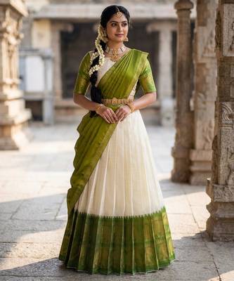 Beautiful South Indian Style Semi-Stitched Half Saree with Blouse and Dupatta for Women 1