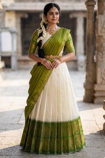 Beautiful South Indian Style Semi-Stitched Half Saree with Blouse and Dupatta for Women