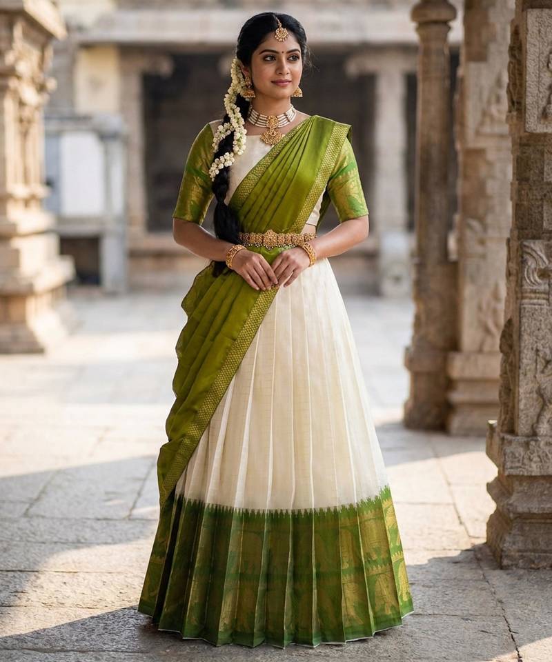 Beautiful South Indian Style Semi-Stitched Half Saree with Blouse and Dupatta for Women
