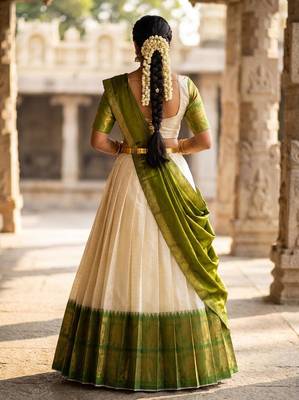 Beautiful South Indian Style Semi-Stitched Half Saree with Blouse and Dupatta for Women 2