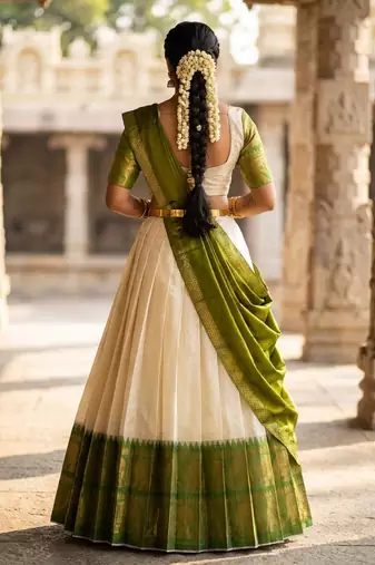 Beautiful South Indian Style Semi-Stitched Half Saree with Blouse and Dupatta for Women