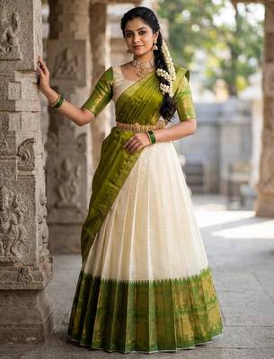 Beautiful South Indian Style Semi-Stitched Half Saree with Blouse and Dupatta for Women 3