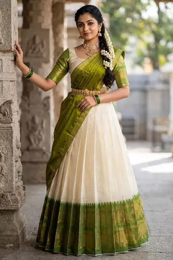 Beautiful South Indian Style Semi-Stitched Half Saree with Blouse and Dupatta for Women
