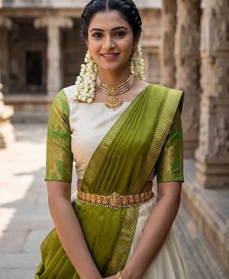 Beautiful South Indian Style Semi-Stitched Half Saree with Blouse and Dupatta for Women 4