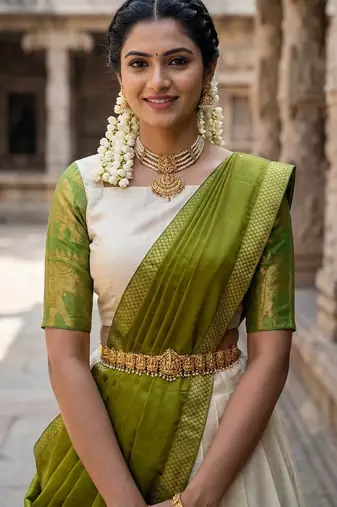 Beautiful South Indian Style Semi-Stitched Half Saree with Blouse and Dupatta for Women