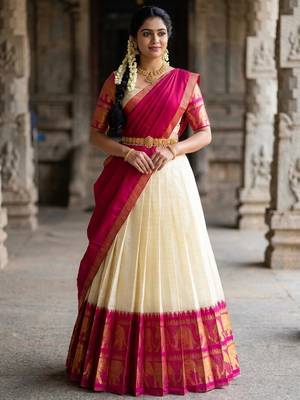 Beautiful South Indian Style Semi-Stitched Half Saree with Blouse and Dupatta for Women 1