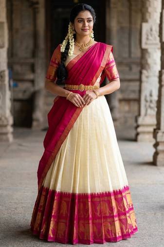 Beautiful South Indian Style Semi-Stitched Half Saree with Blouse and Dupatta for Women