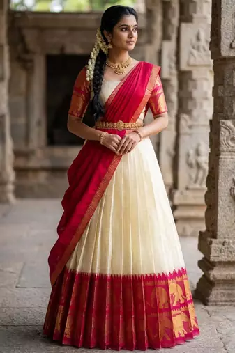 Beautiful South Indian Style Semi-Stitched Half Saree with Blouse and Dupatta for Women