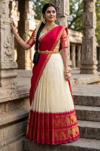 Beautiful South Indian Style Semi-Stitched Half Saree with Blouse and Dupatta for Women