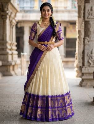 Beautiful South Indian Style Semi-Stitched Half Saree with Blouse and Dupatta for Women 1