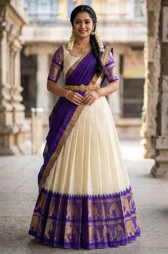 Beautiful South Indian Style Semi-Stitched Half Saree with Blouse and Dupatta for Women