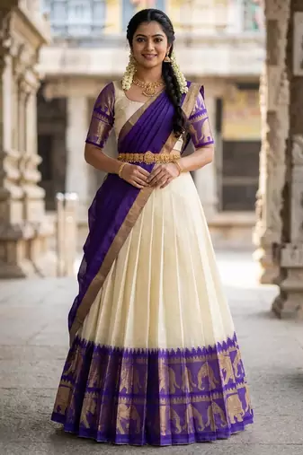 Beautiful South Indian Style Semi-Stitched Half Saree with Blouse and Dupatta for Women