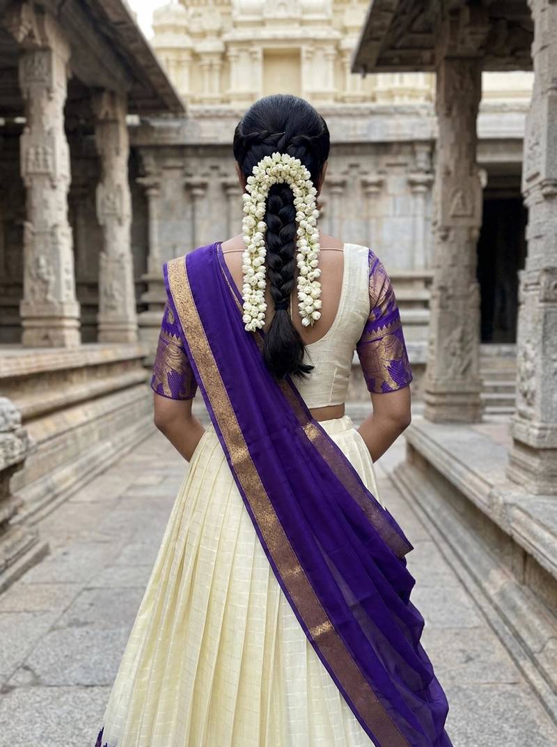 Beautiful South Indian Style Semi-Stitched Half Saree with Blouse and Dupatta for Women