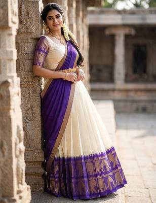 Beautiful South Indian Style Semi-Stitched Half Saree with Blouse and Dupatta for Women 3