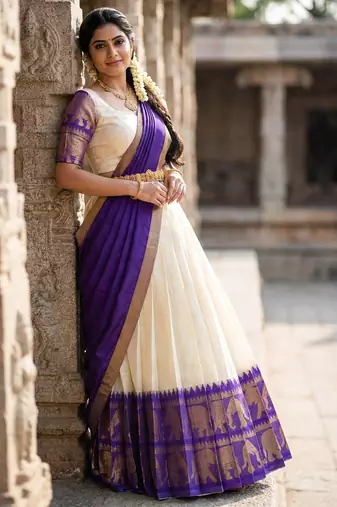Beautiful South Indian Style Semi-Stitched Half Saree with Blouse and Dupatta for Women