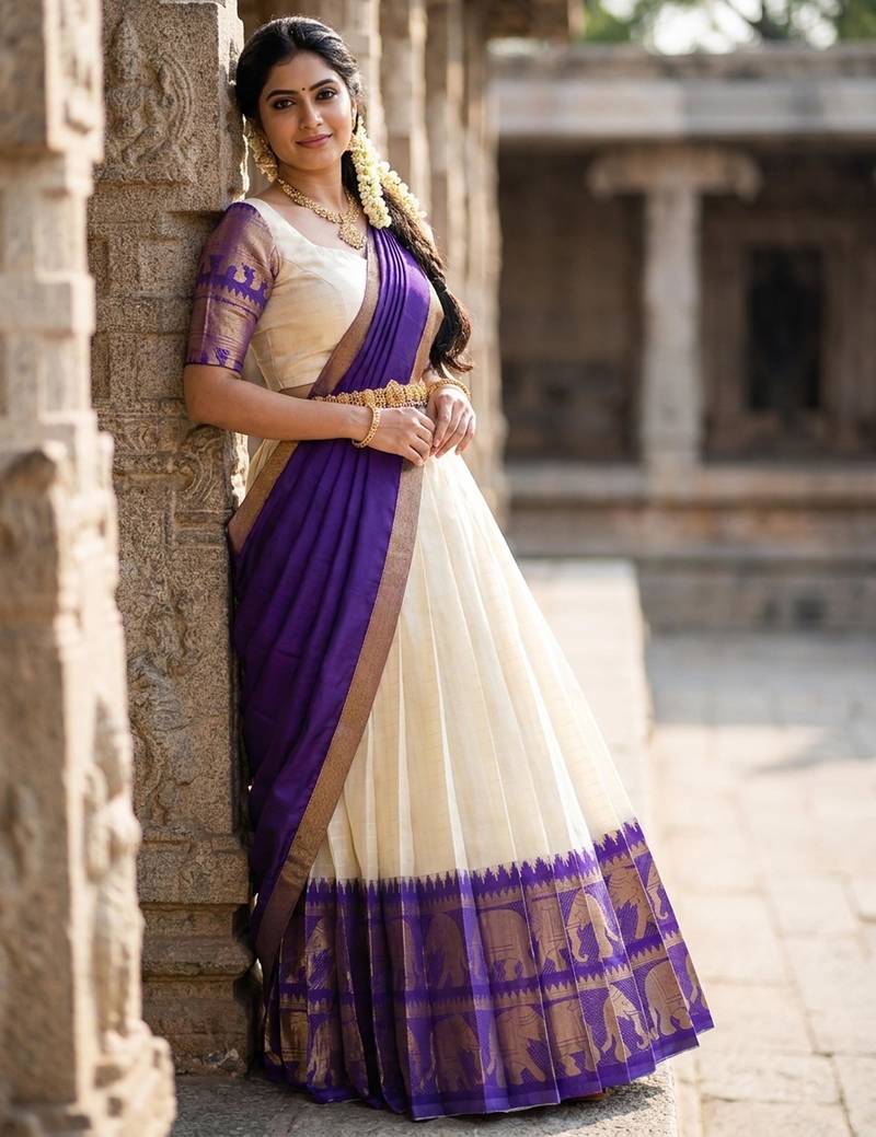 Beautiful South Indian Style Semi-Stitched Half Saree with Blouse and Dupatta for Women