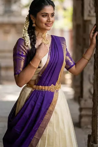Beautiful South Indian Style Semi-Stitched Half Saree with Blouse and Dupatta for Women