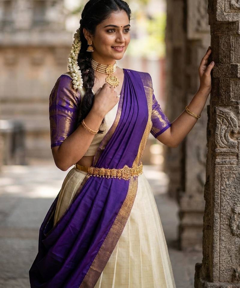 Beautiful South Indian Style Semi-Stitched Half Saree with Blouse and Dupatta for Women