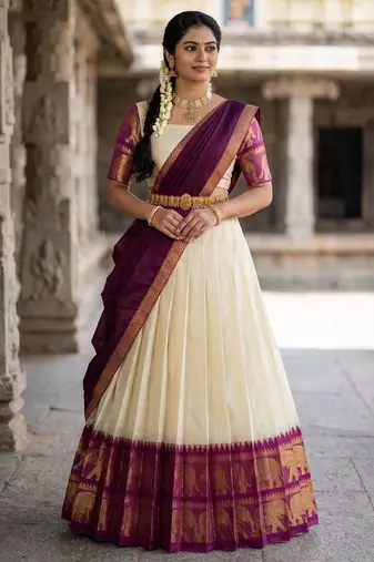 Beautiful South Indian Style Semi-Stitched Half Saree with Blouse and Dupatta for Women