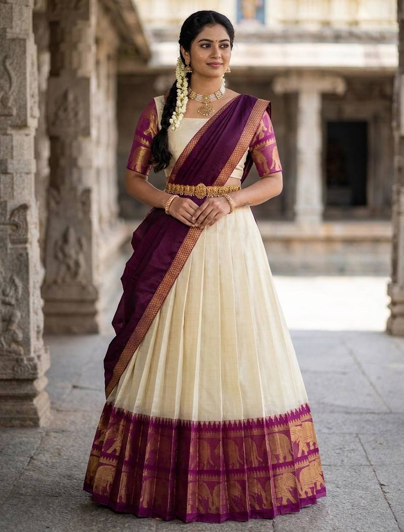 Beautiful South Indian Style Semi-Stitched Half Saree with Blouse and Dupatta for Women