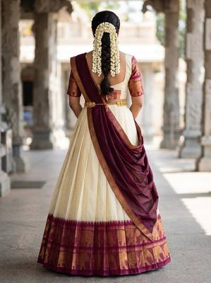 Beautiful South Indian Style Semi-Stitched Half Saree with Blouse and Dupatta for Women 2